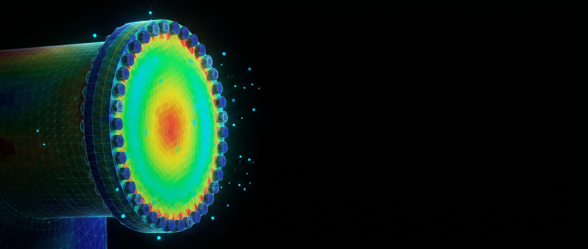 Render de simulación por elementos finitos del cabezal de prueba NPS 60 bajo presión hidrostática, con mapa de esfuerzos de Von Mises