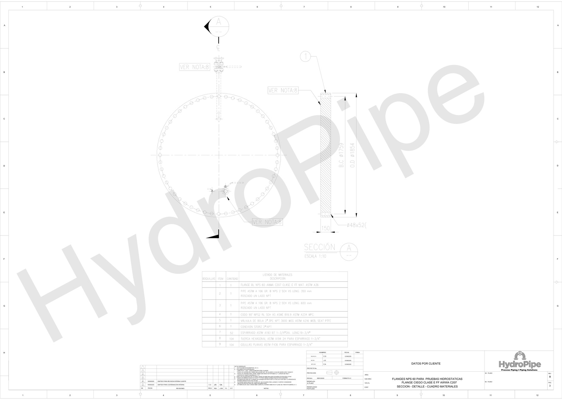 Plano del flange ciego NPS 60 Clase E FF AWWA C207