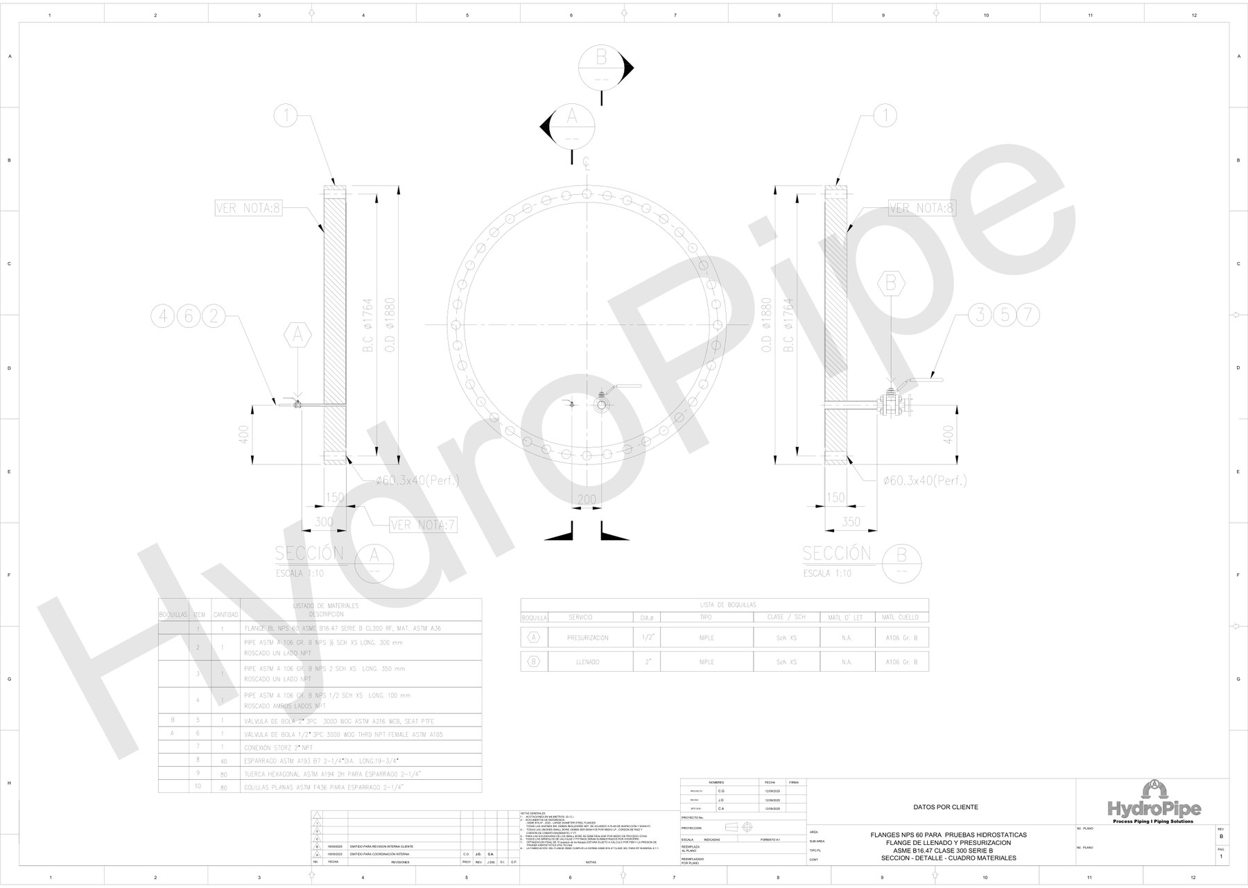Plano del flange de llenado y presurización NPS 60