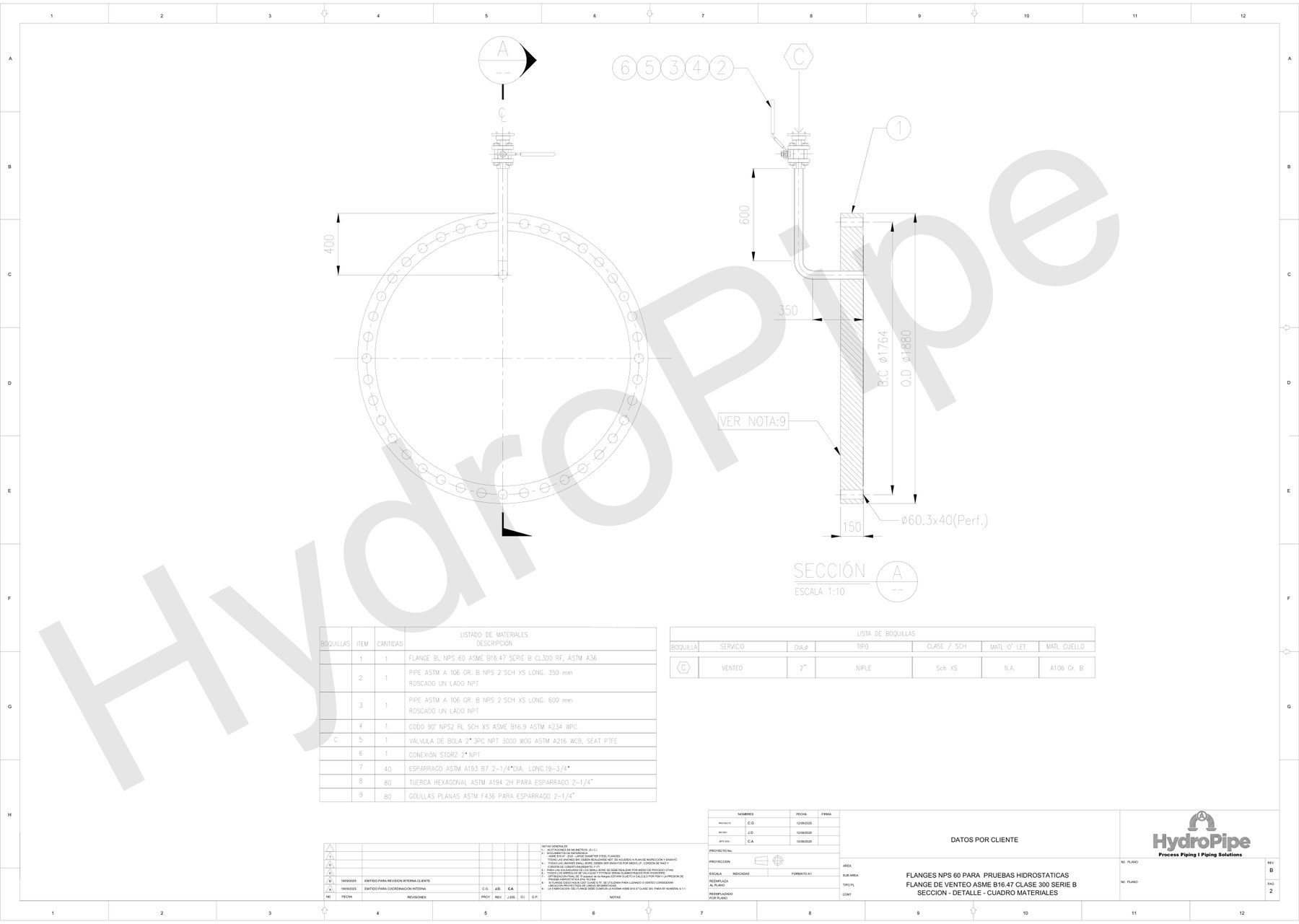 Plano del flange de venteo NPS 60 ASME B16.47 Clase 300 Serie B