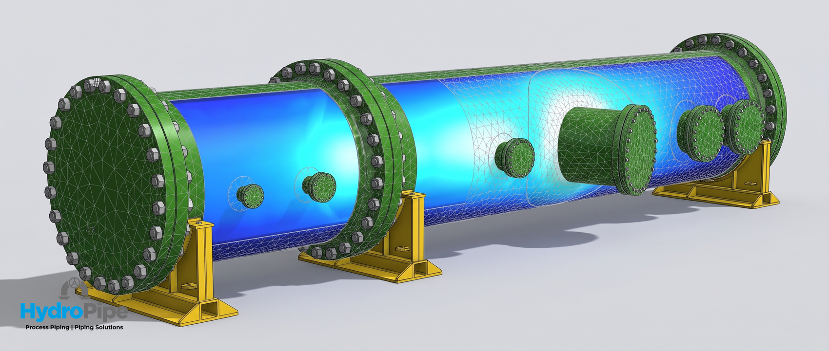 Simulación de la prueba hidrostática del manifold LSL2: pernería completa en las bridas, malla de elementos finitos y agua a presión en el interior del ducto